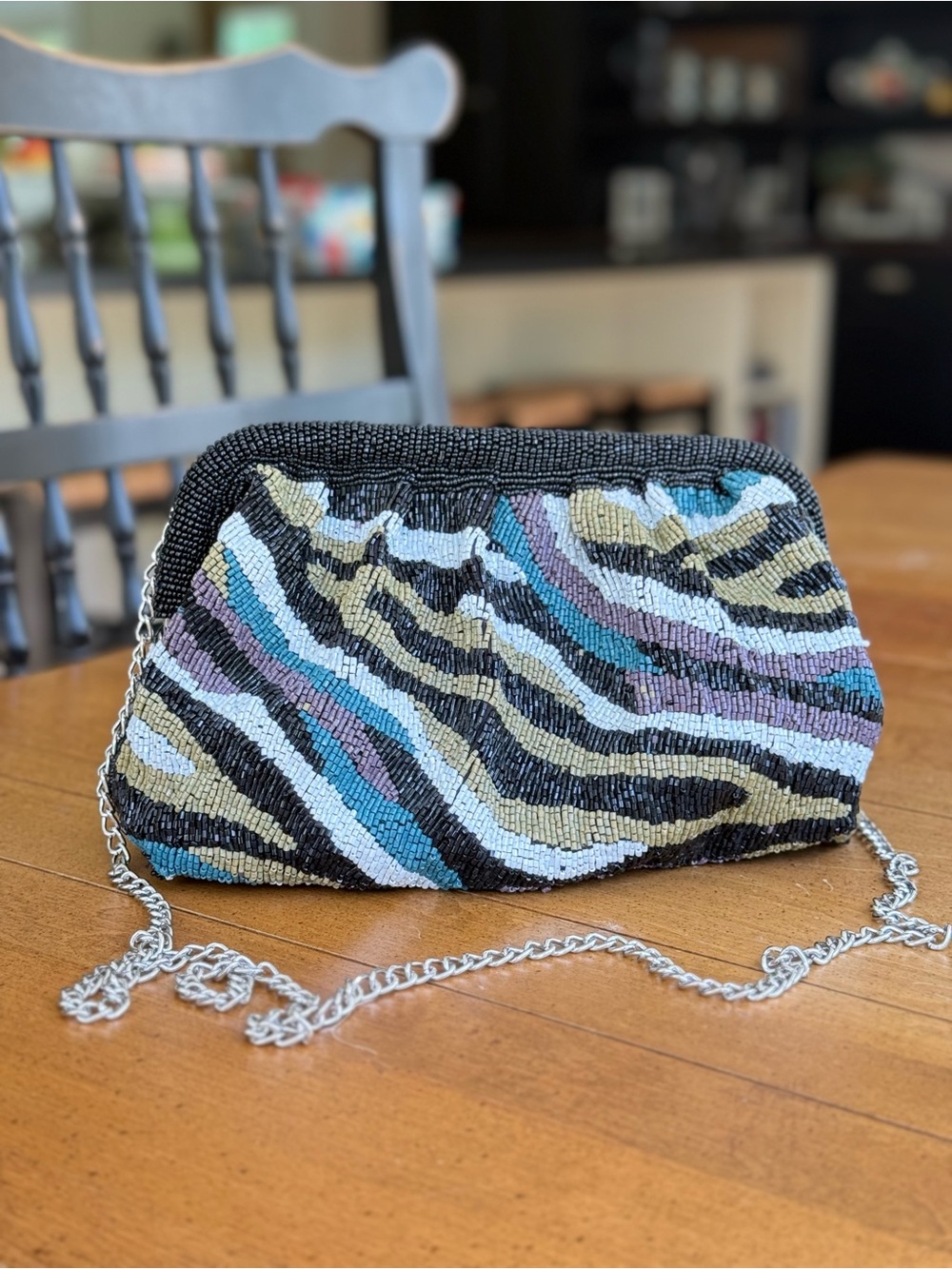 Beaded Zebra-Print Evening Clutch in Black, Teal & Lilac